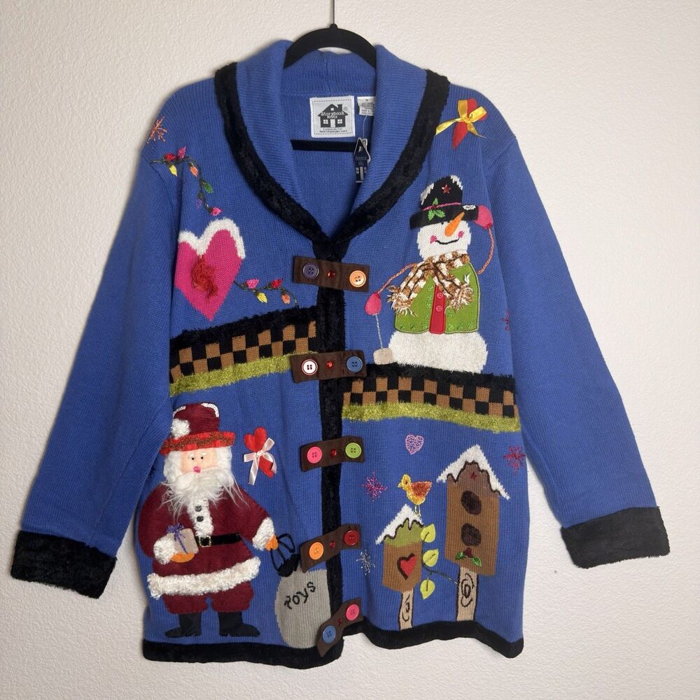 Storybook Knits Christmas Santa Snowman 3D Embroidered Cardigan Sweater 1X NWT